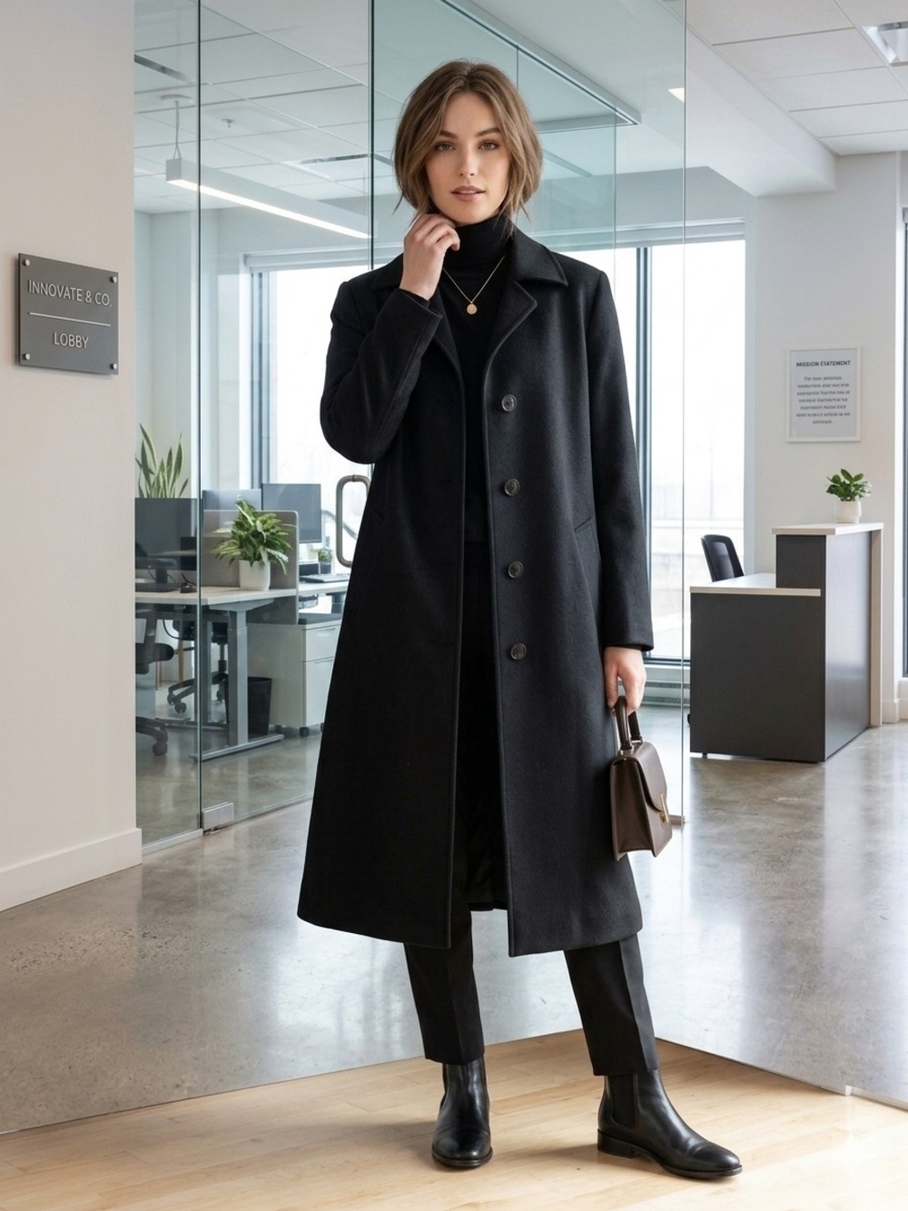 100% Wool Lightweight  Long Trench Coat Black - Size 06P